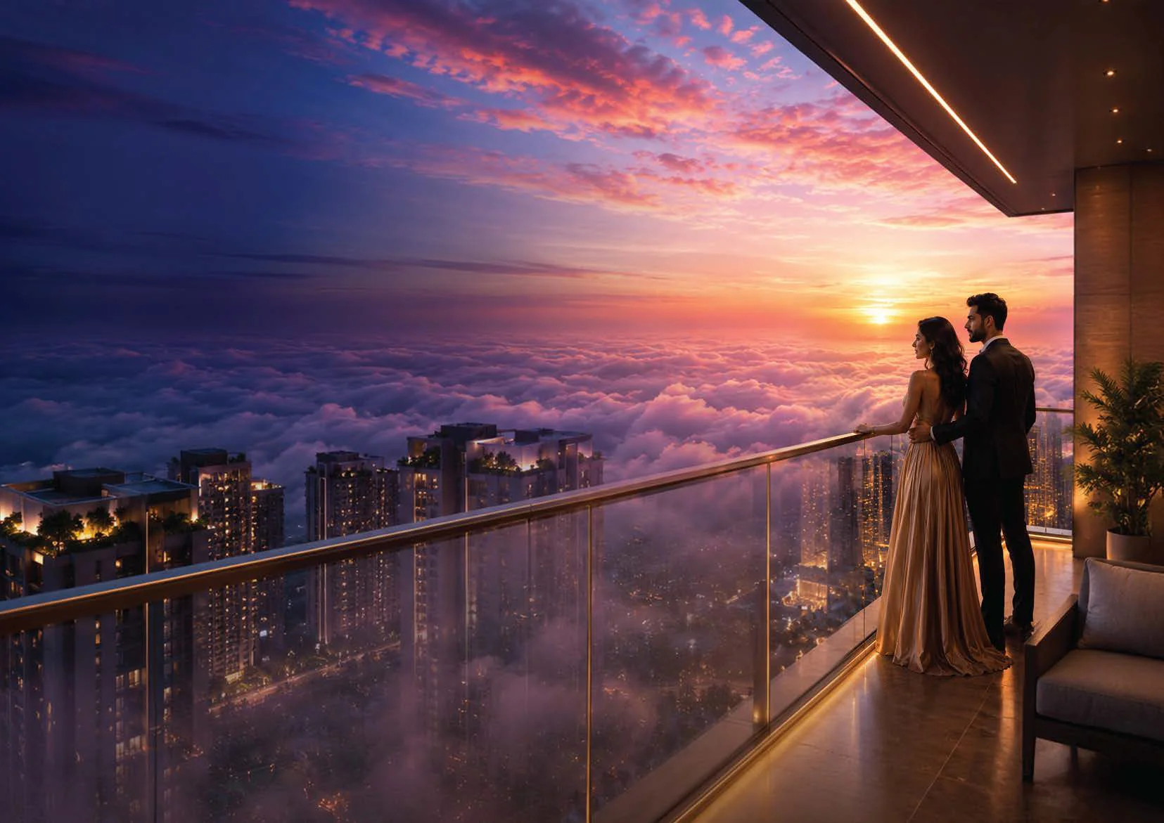 Residents on a Silver Horizon balcony above the Bengaluru skyline at sunset