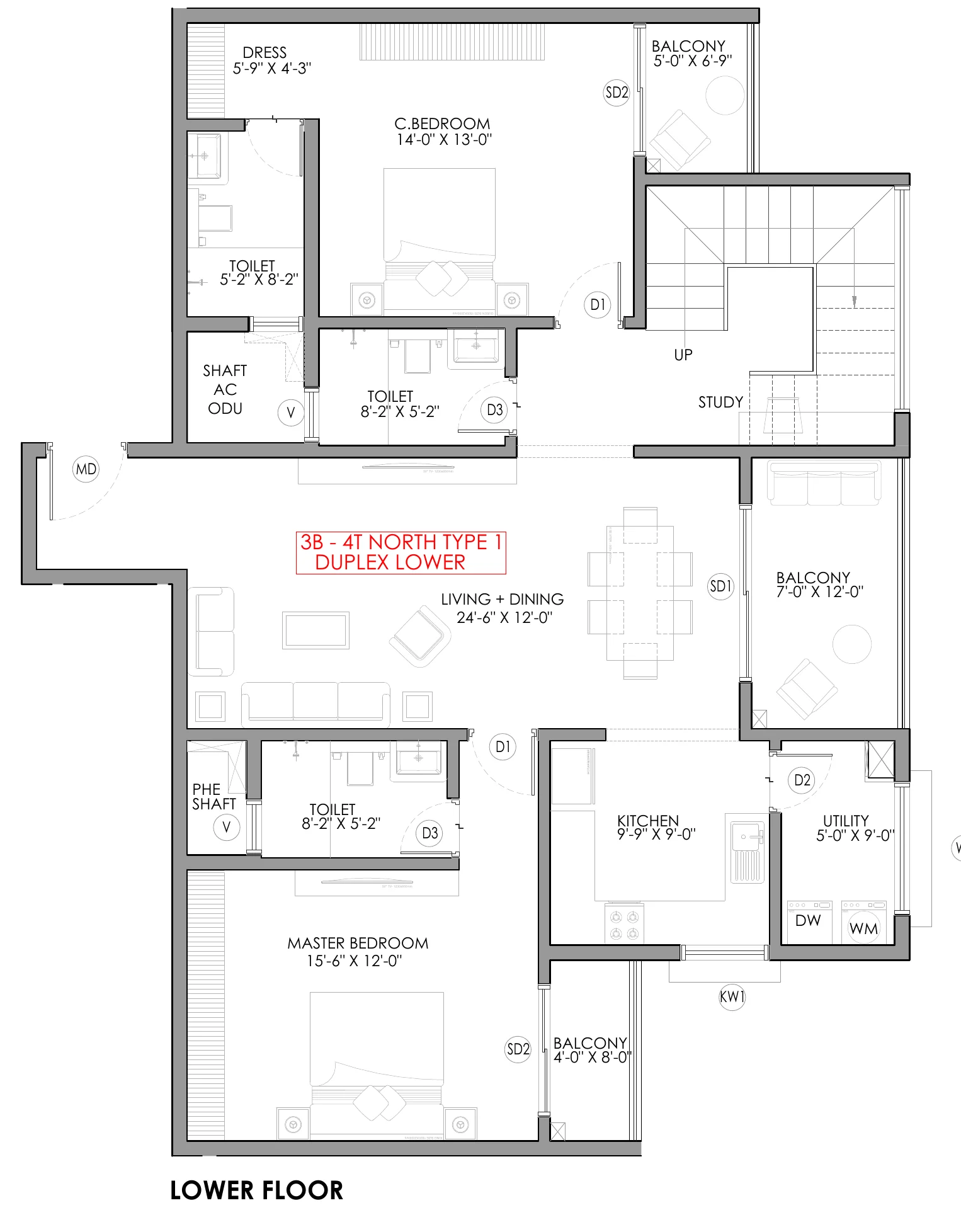 4 BHK duplex, lower floor plan