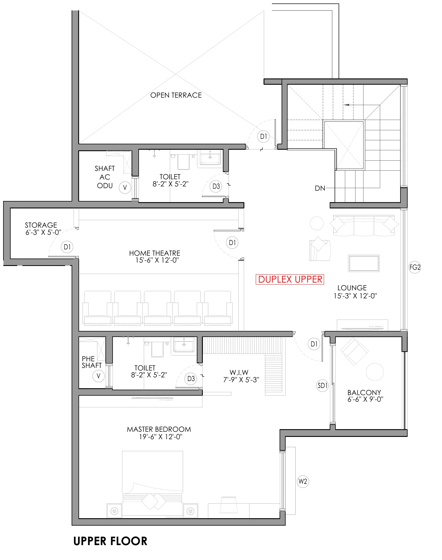 4 BHK duplex, upper floor plan