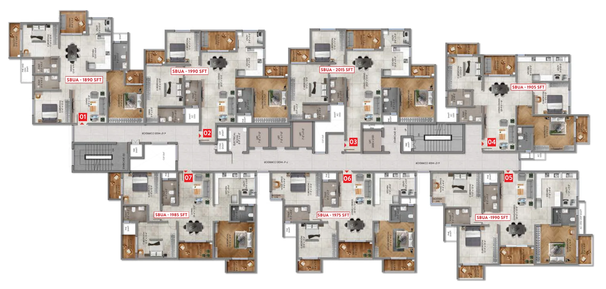 Floor plan showing all seven units